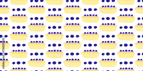 Seamless pattern with flat blueberry tarts on white background.