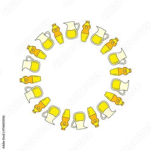Cute round frame with doodle cooking oil in bottle and jug isolated on white background.
