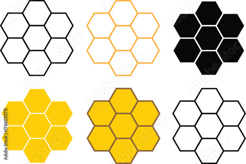 hexagonal honeycomb pattern collection geometric bee hive shapes yellow gold black outline designs nature inspired isolated background.