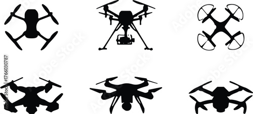 Silhouettes of six drone designs showcasing rotor configurations, landing gear styles, and aerial technology for surveillance, photography, and recreation