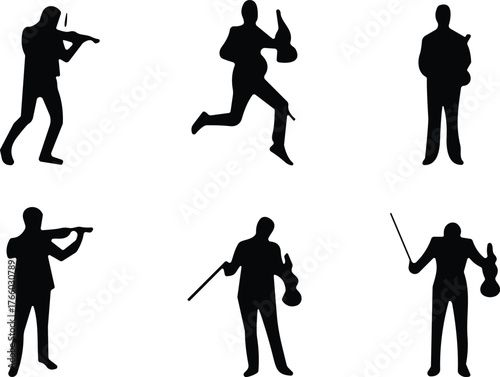 Silhouettes of six expressive violin poses featuring musicians in dynamic, playful, and unconventional stances for artistic design reference