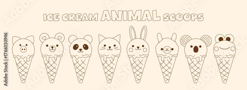 Set of outline, contour hand drawn ice cream animal melted scoops, decorated with chocolate in the shape of cat, alpaca, koala, frog  in waffle cone. Isolated cute character gelato. Flat vector EPS10 
