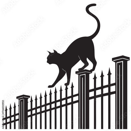 Black cat walking on a fence in vector form