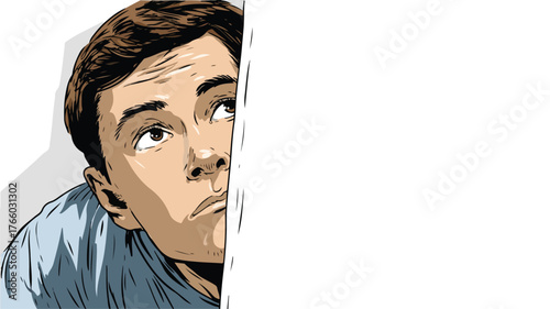 Curious Man Peeking Out from Corner in Vector Illustration with Outline