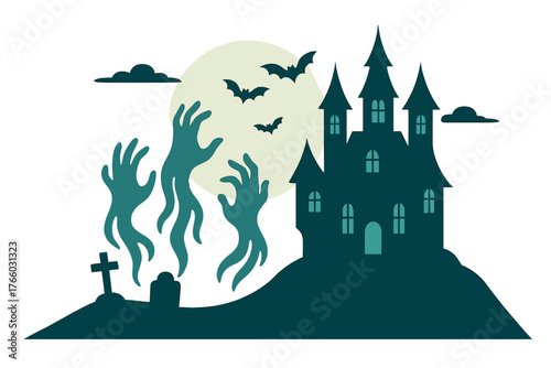 A castle, a haunted house, and ghostly hands, a tomb on a full moon night