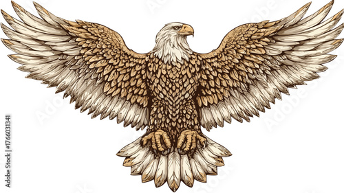 Majestic Soaring Eagle with Spread Wings on White Background
