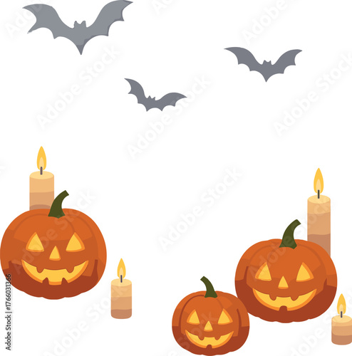 A 3D Halloween podium stage adorned with pumpkins, candles, and flying bats, presenting a festive, eerie, and spooky scene of a round platform encircled by glowing jack‑o‑lanterns and candlelight