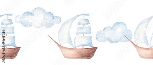 Watercolor sailing ship seamless border with clouds. Hand painted nautical pattern for baby nursery and baby shower cards and invitations.