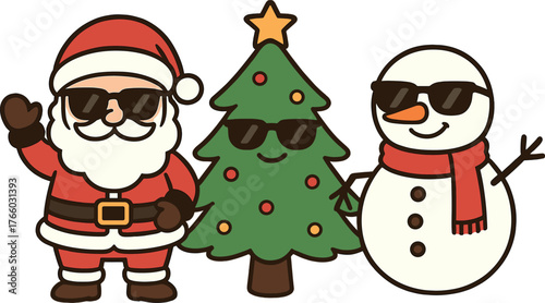 charming Santa Claus, Christmas tree, and snowman cartoon sporting sunglasses