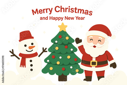 Vector illustration featuring a Merry Christmas and Happy New Year background with Santa Claus, a snowman, and a Christmas tree in paper art and digital craft style