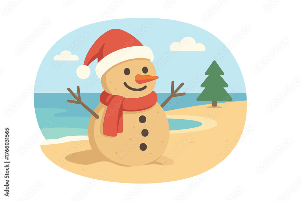 Naklejka premium A sand snowman on an ocean beach for New Year or Merry Christmas
