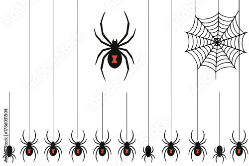 A vector border featuring a realistic, isolated black widow spider for Halloween, set against a transparent background