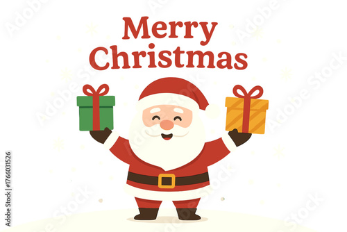 A vector template featuring a Christmas design: merry Christmas text, Santa Claus holding gifts against a snowy winter backdrop, ideal for an X‑mas greeting card illustration