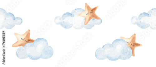 Watercolor sleeping star and cloud border, hand painted seamless baby night sky pattern for nursery and baby shower card.