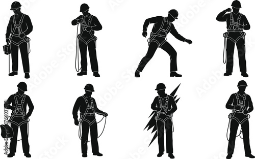 Silhouettes of utility workers with safety gear and harness, handling cables, tools, electric hazard, inspection, posture, industrial maintenance illustration