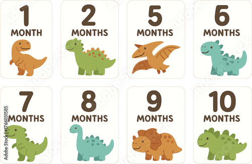 Cute dinosaur-themed monthly baby cards, called Dinocards, available as templates for ages 1 to 12 months