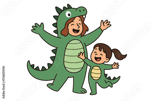 A mother and her daughter, dressed in a humorous dragon costume, play against a bright yellow backdrop