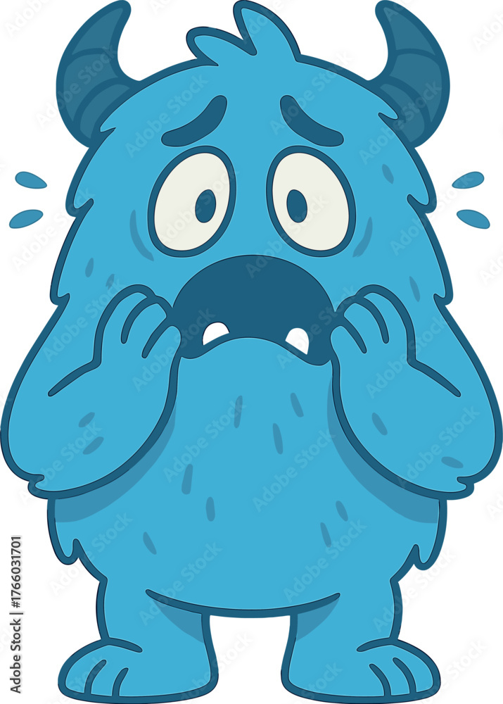 Fototapeta premium An AI Midjourney-generated illustration shows a blue, cuddly monster trembling in fear
