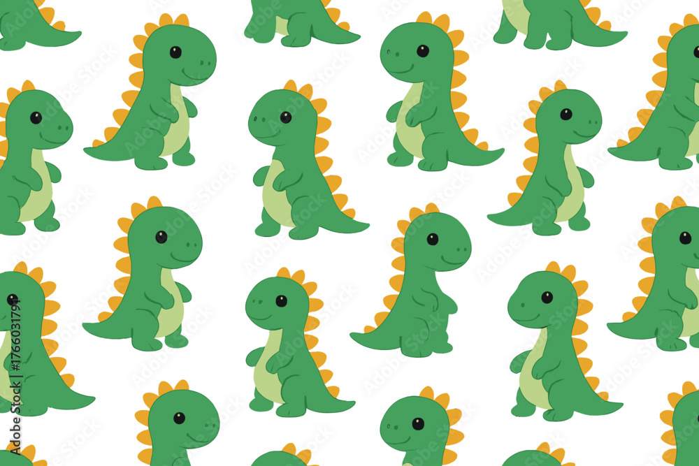 Fototapeta premium A seamless pattern featuring a cute cartoon dinosaur, along with flat patterns of reptiles, dragons, and monsters, and a seamless texture of a baby animal, all presented as a vector