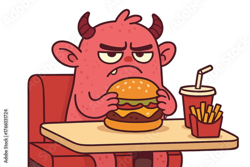 A spoiled, whiny child at a fast‑food restaurant, a , a funny monster kid eating a burger, childhood expressions of having fun, a cute pink creature, burger day, and a disgruntled café customer