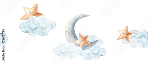 Watercolor moon and star seamless border. Hand drawn dreamy baby night pattern for nursery, cards and baby shower designs.