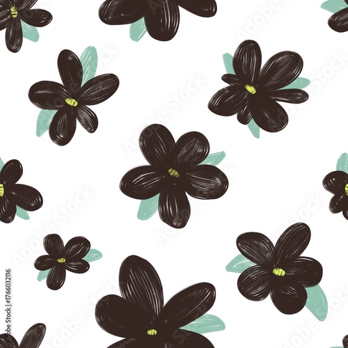 Seamless abstract botanical pattern. Simple background with black, green, white texture. Digital brush strokes. Flowers, dots. Design for textile fabrics, wrapping paper, background, wallpaper, cover.