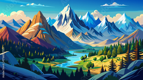 Very beautiful, Sierra Nevada mountains in California, USA, majestic peaks, rugged cliffs, snow-capped summits, dense forests, alpine meadows, clear blue skies, panoramic landscape, serene wilderness,