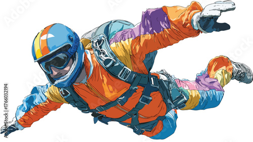 Skydiving Man in Free Fall with Parachute Vector Outline