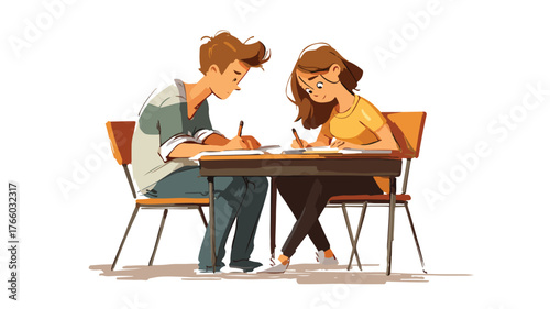 Teen Boy and Girl Studying Together at Desk - Vector Illustration with Outline