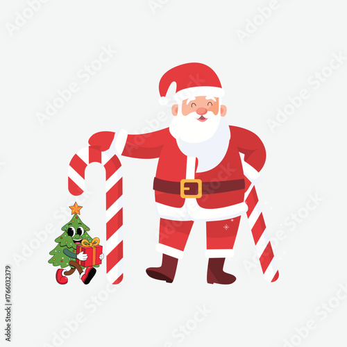 Santa Claus Holding Candy Canes with Cute Christmas Tree Illustration