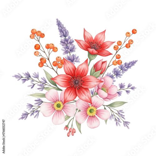 Vibrant watercolor floral arrangement featuring pink and red flowers and berries delicate botanical art isolated on transparent background