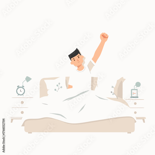 Wake Up and Stretch in Bed – Flat 2D Vector Illustration on White Background