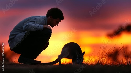 Silhouetted conservationist crouching low with sharp detailed view of Australian mammal carrying joey in natural habitat, with copy space