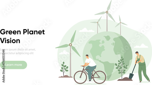 Sustainability and nature recovery concept by planting trees and using renewable energy. Eco friendly e-bike near windmills. ESG, green energy, sustainable industry with windmills. Low carbon concept 