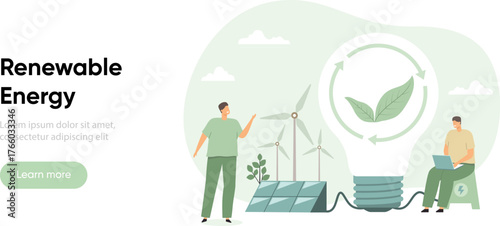 Sustainability and circular economy concept. Using renewable energy. ESG, green energy, sustainable industry with windmills and solar panels. Low carbon concept vector illustration
