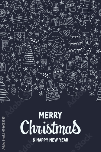Cute Christmas greeting card with hand drawn ornaments. Vector illustration