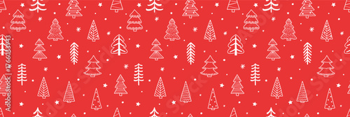 Christmas tree seamless pattern. Cute holiday background with cartoon ornaments. Vector illustration