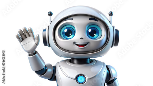 Friendly cartoon robot waving hand isolated on transparent background, artificial intelligence concept