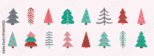 Set with a cute hand drawn Christmas tree icons. X-Mas decorations. Vector illustration