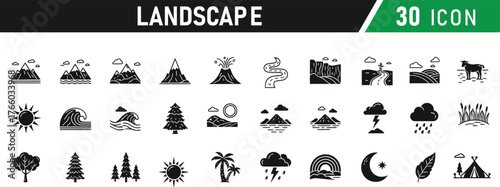 Landscape icon set. Including Mountain, Tree, Sun, Cloud, River, Hill, Forest, Valley, Path, Rock. Vector silhouette illustration