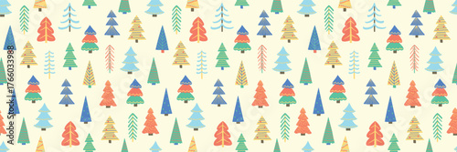 Christmas tree background. Seamless pattern design with hand drawn ornaments. Wallpaper concept. Vector illustration