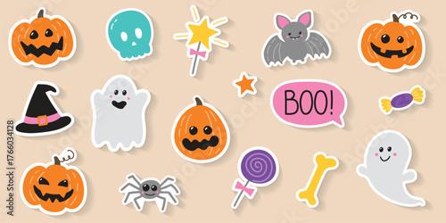 Collection of a hand drawn elements for Halloween. Concept of stickers.  Vector illustration