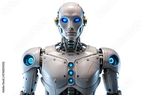 Portrait of a futuristic humanoid robot with glowing blue eyes isolated on transparent background