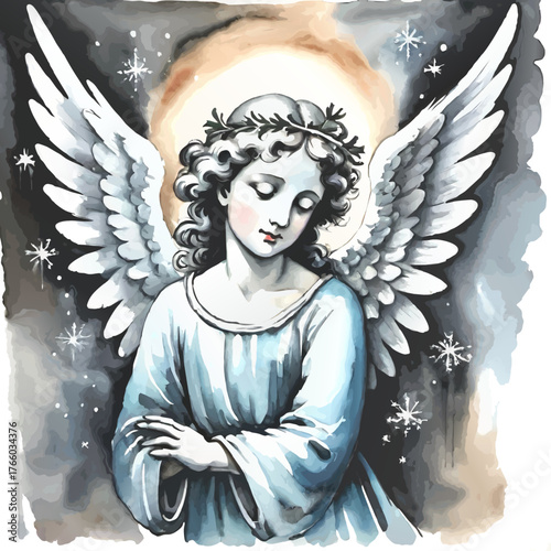 victorian angel with halo watercolor vector art painting