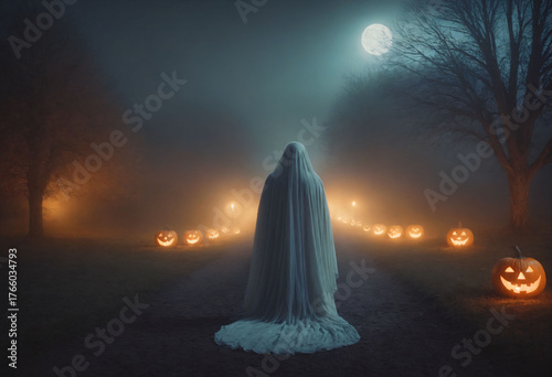 Silhouette of a person in white walking along a night road lined with Halloween pumpkins in the moonlight.