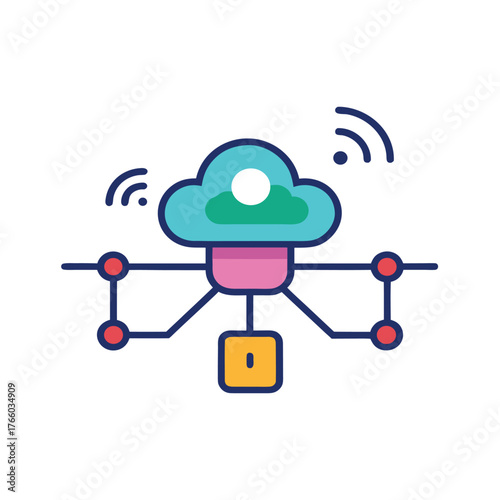 Colorful Drone Connected to Cloud Vector Icon for Data Transfer, IoT, and Smart Technology Concept