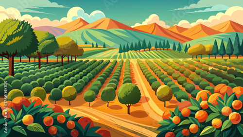 Very beautiful, orange groves in east side of the Central Valley in Fresno County, California, USA, lush orchards, vibrant fruit, green foliage, sunny skies, orderly rows, rural landscape, and serene 