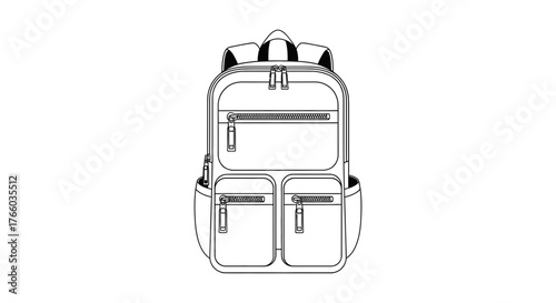 Backpack outline vector illustration school bag travel rucksack with zipper pockets design