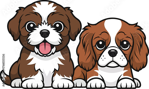 Charming Cavalier King Charles Spaniel Puppies Illustration Playful Dog Pet Breed Brown White Kawaii Style Cartoon Design Elements Animal Companions Graphics Set