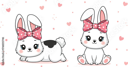 Charming Bunny Pair with Bows Cartoon Illustration Cute Rabbits Vector Graphic Adorable Animal Companions Playful Design